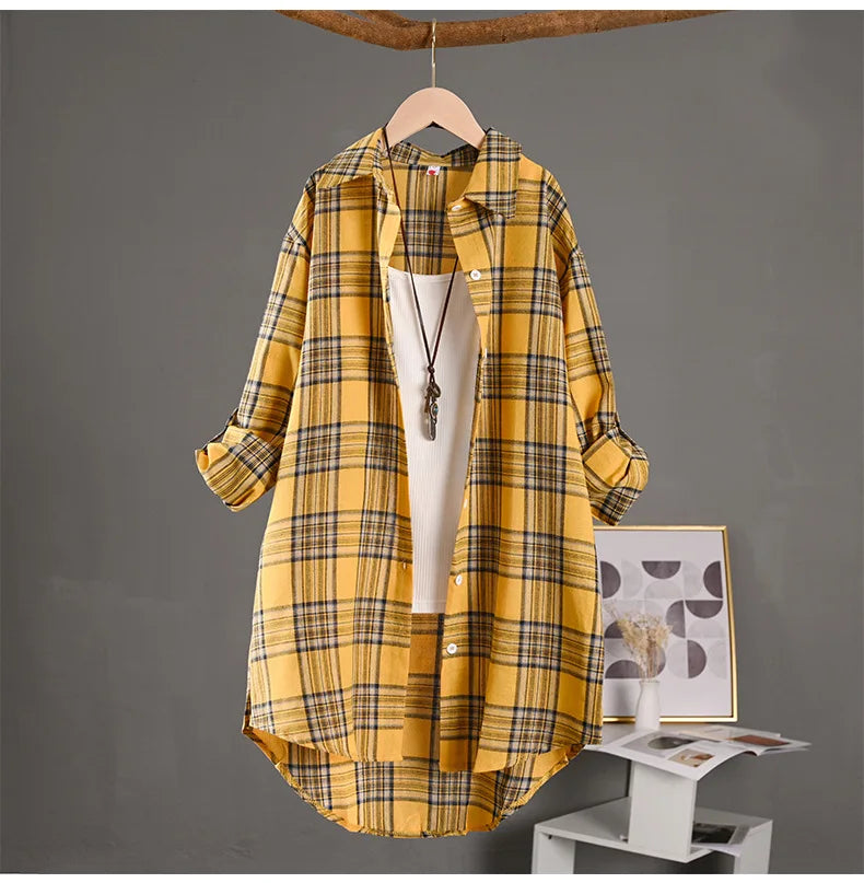 Women's Lightweight Cotton Linen Plaid Shirt Mid-Length Loose Jacket with Sun Protection for Spring and Summer Outerwear