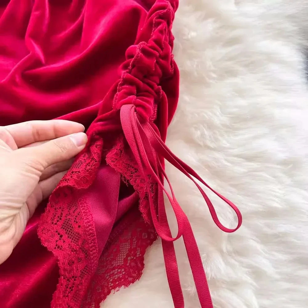 Golden Velvet Backless Lingerie With Lace Trim Sleep Dress