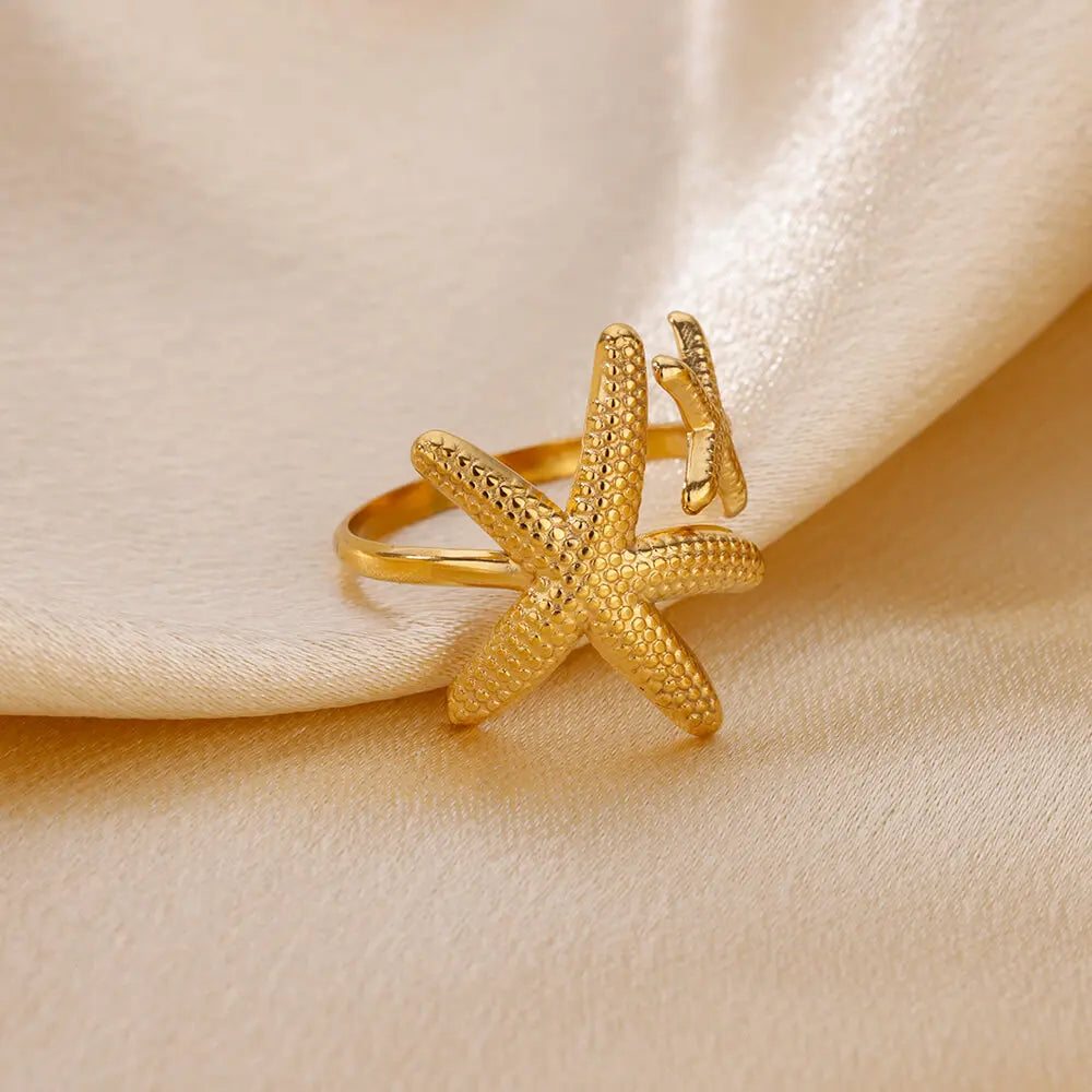 Gold Color Stainless Steel Starfish Open Adjustable Ring for Women Geometric Fashion Jewelry Gift