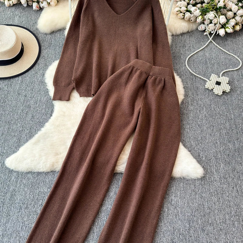 Knitted V-Neck Sweater and Straight Jogging Pants Women's Tracksuit Set