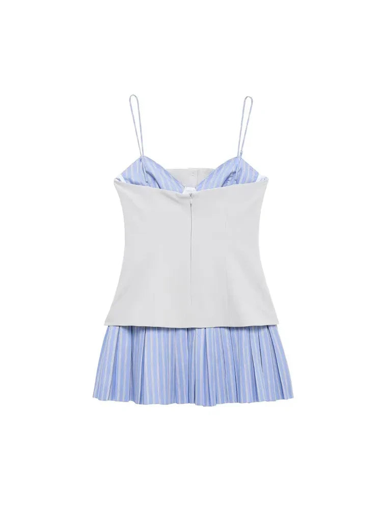 Patchwork Mini Dress With Adjustable Straps Front Buttons