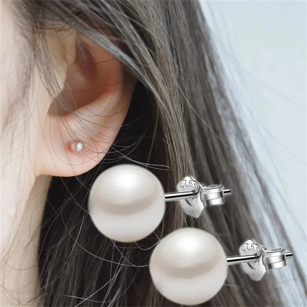925 Sterling Silver Freshwater Cultured Pearl Button Ball Stud Earrings for Women