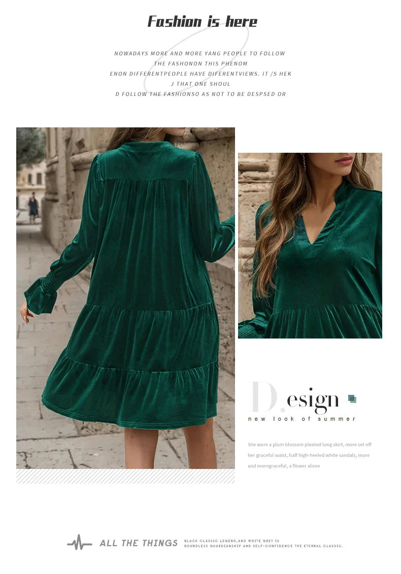 Velvet V Neck Ruffle Dress for Women Autumn Elegance