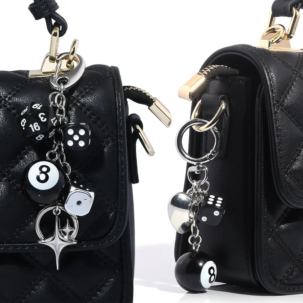 Hiphop Black Dice Billiards Keychain Y2K Starburst Pendant Bag Charm Punk Accessory