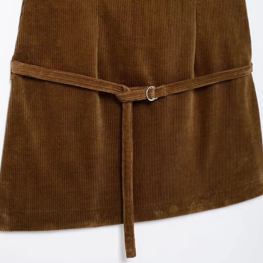 Corduroy Mini Dress With Belt O Neck Sleeveless Back Zipper