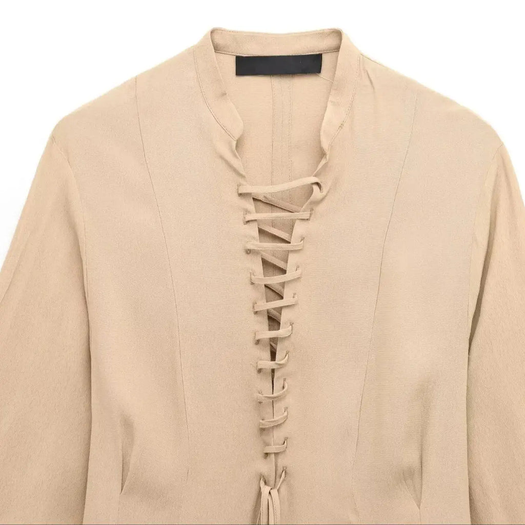 Womens Lace Up Mini Dress With Flared Sleeves Pleated