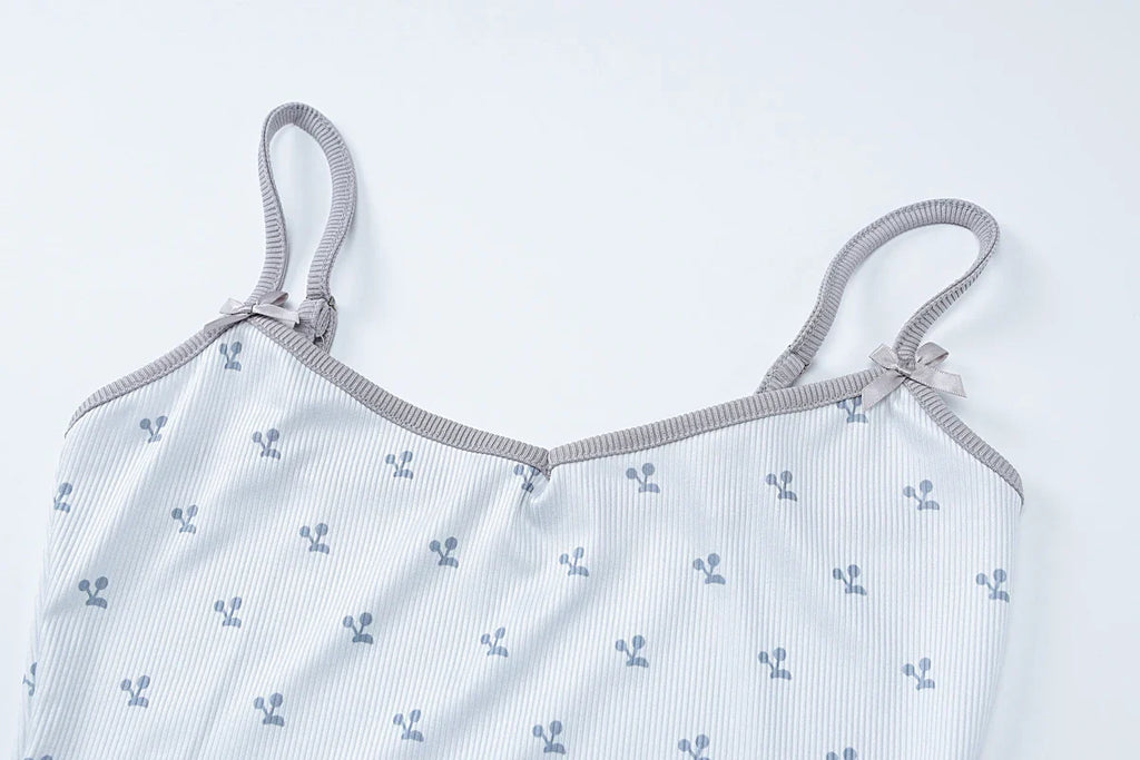 Cherry Print Two-Piece Matching Set with Slim Crop Camisole Top and Bow-Accent Shorts Summer Casual Festival and Workout Outfit for Women