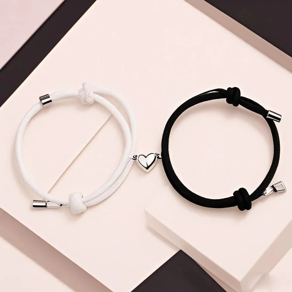 Black and White Magnetic Couple Bracelet Set with Heart Charm for Best Friends and Parties
