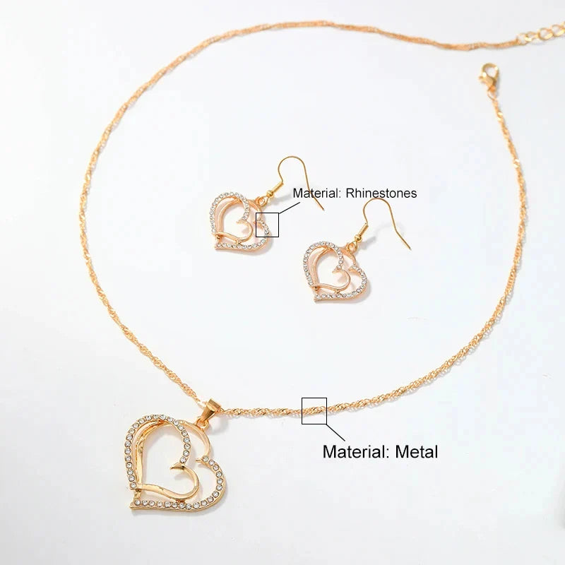 Heart Shaped Jewelry Set With Earrings Pendant Necklace for Women Exquisite Rhinestone Double Heart Design