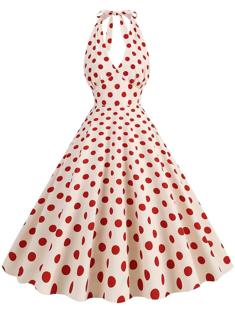 Vintage Polka Dot Halter Dress With Deep V Neck For Summer