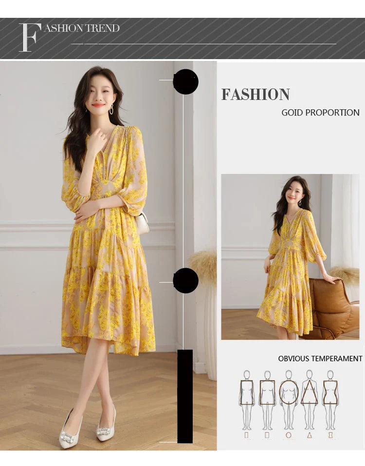 Floral Chiffon Dress For Women V Neck A Line Dress