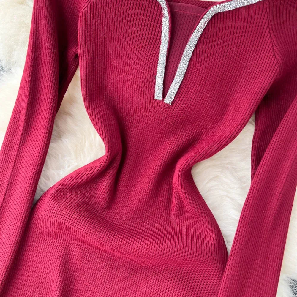 Knit Bodycon Dress For Women Long Sleeve Winter Sweater