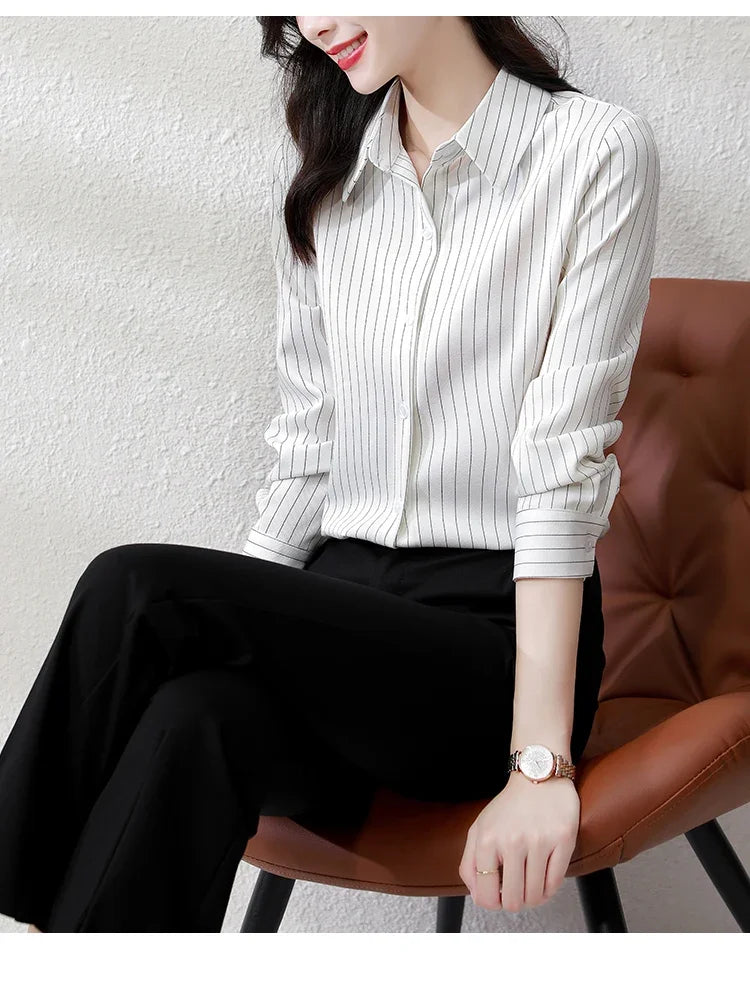 Striped Long Sleeve Women Shirt Button Up Blouse Lightweight Chiffon Tops Elegant Casual Office Wear