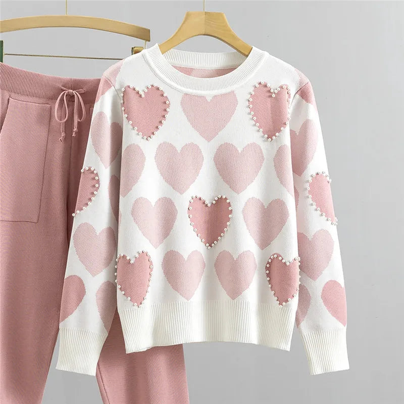 Chic Women Knit Sweater and Harem Pants Set with Embroidery Bead Heart Design