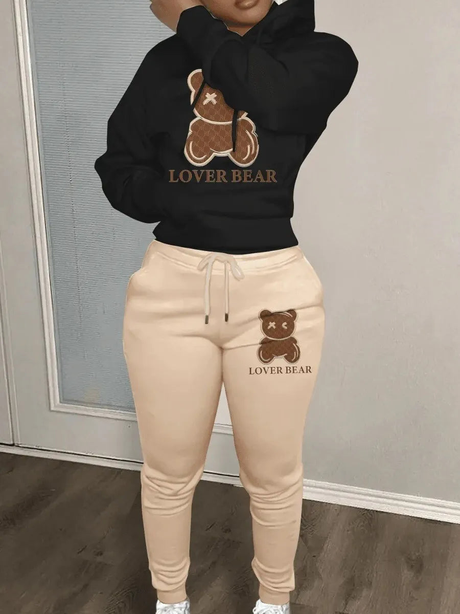Cozy Plus Size Women's Autumn Winter Cartoon Bear Print Hooded Sweater and Woolen Pants Lounge Set