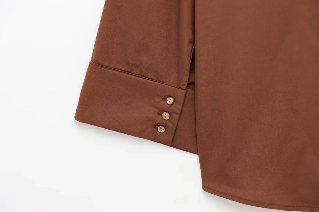 Women's Loose Batwing Satin Lapel Blouse Long Sleeve Single Breasted Solid Color Commuter Shirt Chic Lightweight Top for Spring and Summer