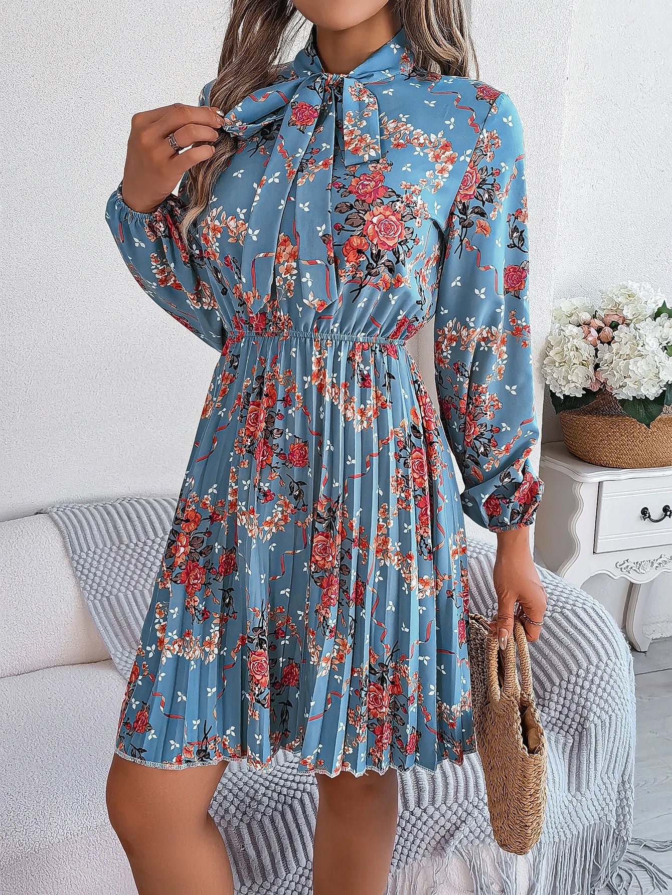 Floral Print Lace Up Long Sleeve Pleated Dress With Bow
