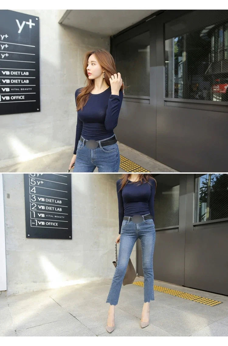 Korean Style Slim Fit Cotton Long Sleeve T Shirt for Women Soft Transparent Summer Tee