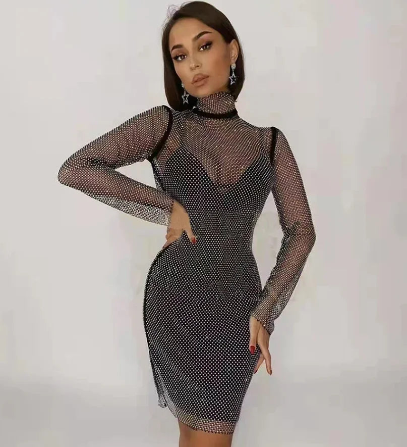 Rhinestone High Neck Glitter Party Dress Mid Length