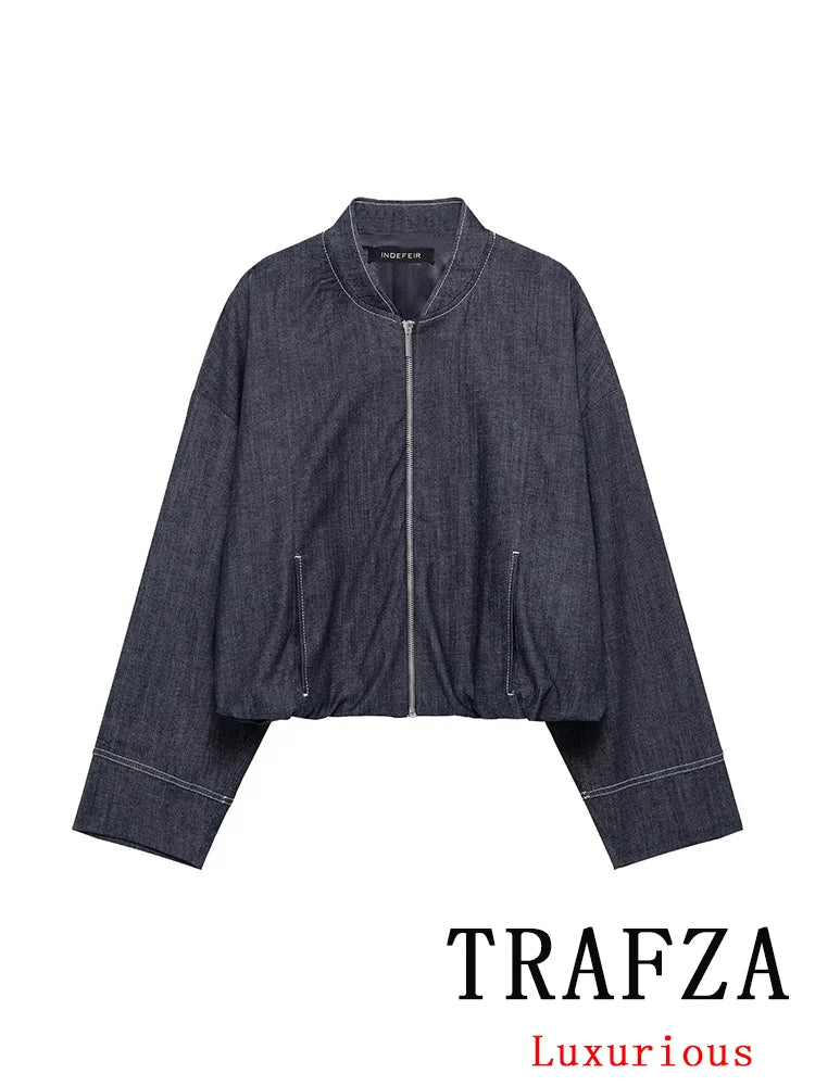 Casual Denim Loose Fit Women Suit Set with O Neck Zipper Bomber Jacket and Pleated Mini Skirt Vintage Inspired Spring Summer Fashion Ensemble