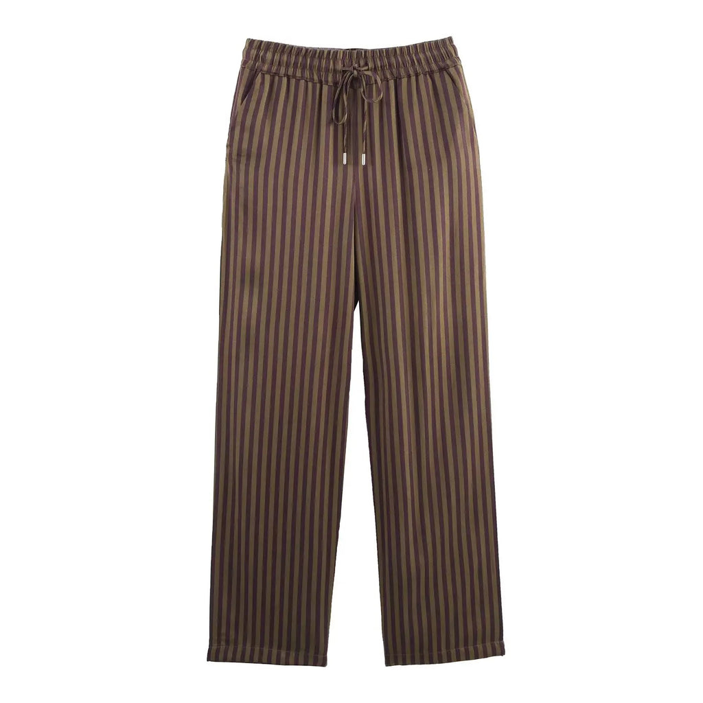 Women's Striped Long Sleeve Shirt with Collar and Striped Casual Pants for Spring Fashion