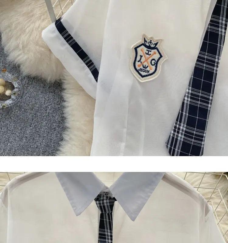 Sexy Preppy Style JK Set for Women Polo Neck See-Through Crop Top Plaid Pleated Short Skirt Student Cosplay Outfit