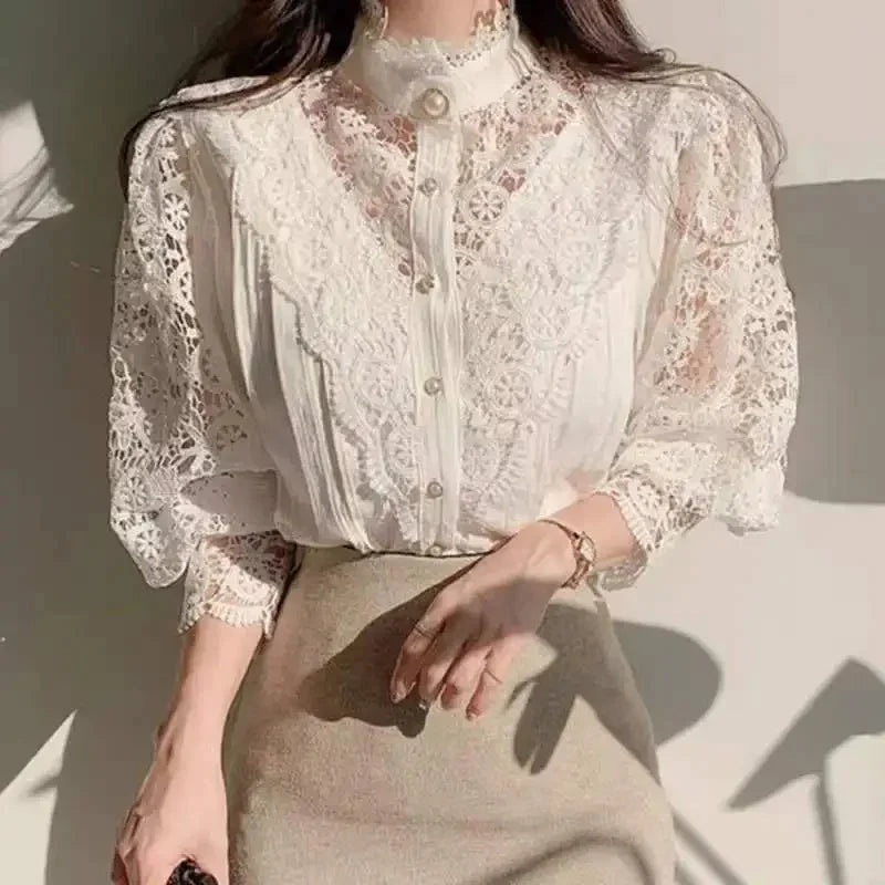 Women's Lace Petal Sleeve Blouse with Stand Collar Hollow Out Floral Patchwork Top Elegant Lightweight Shirt