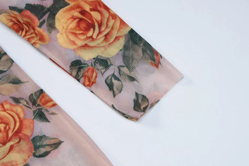 Sheer Mesh Floral Maxi Dress Long Sleeve Beachwear
