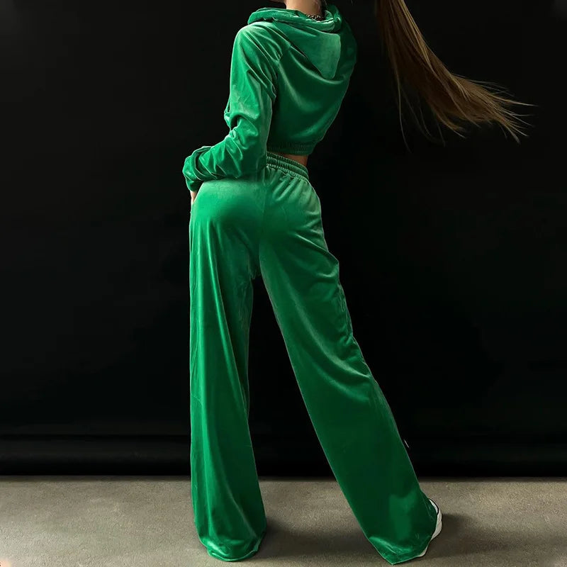 Velvet Tracksuit Women Two Piece Set with Zipper Crop Coat and Long Pants Casual Outfit