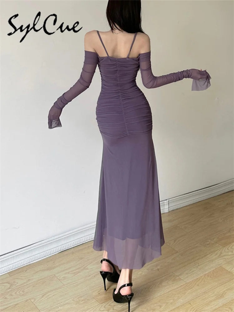 Elegant Long Sleeve Party Dress For Women Solid Color