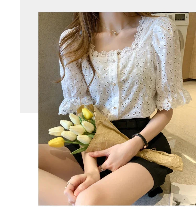 Elegant White Lace Blouse for Women Short Sleeve Square Collar Hollow Out Summer Shirt Chic and Breathable Feminine Top