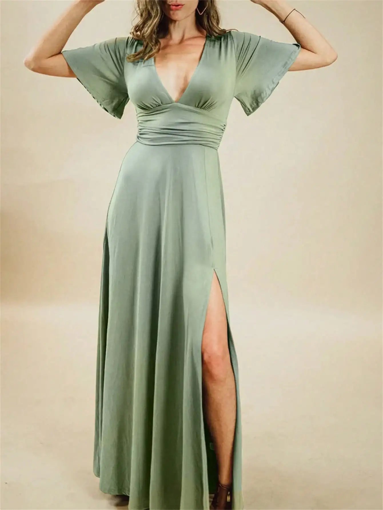 Green Knitted V Neck Maxi Dress With Slit And Short Sleeves