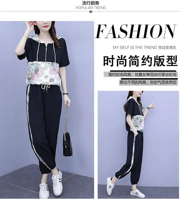 Women's Casual Two Piece Set with Hooded T-Shirt and Contrast Printed Pants for Spring and Summer Fashion