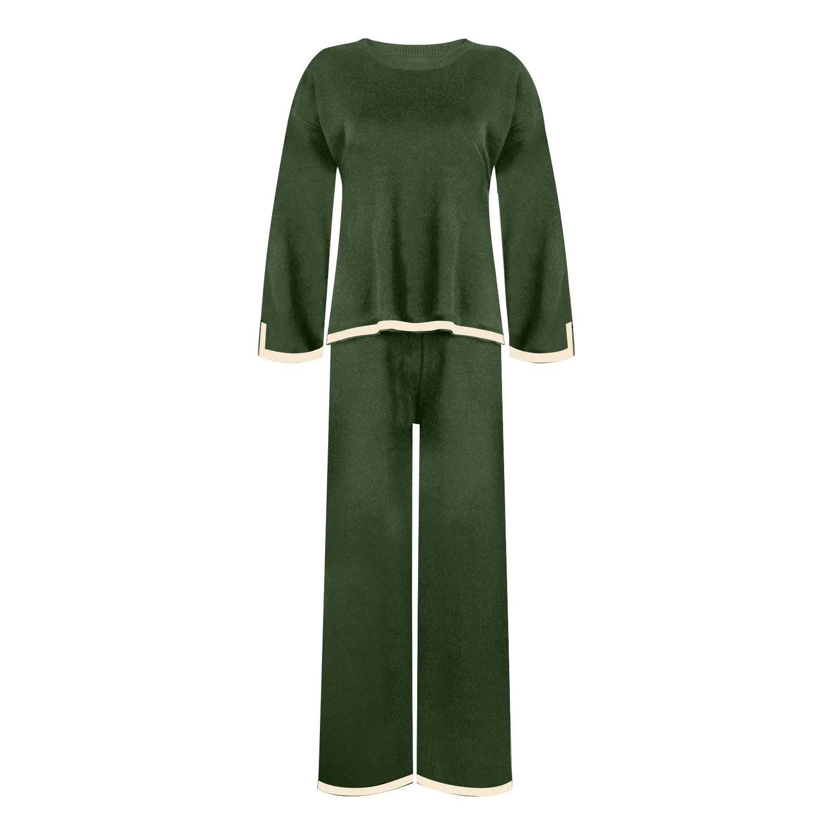 Knitted Women's Casual Two Piece Set with Long Sleeve Sweater and Wide Leg Pants for Comfortable Homewear