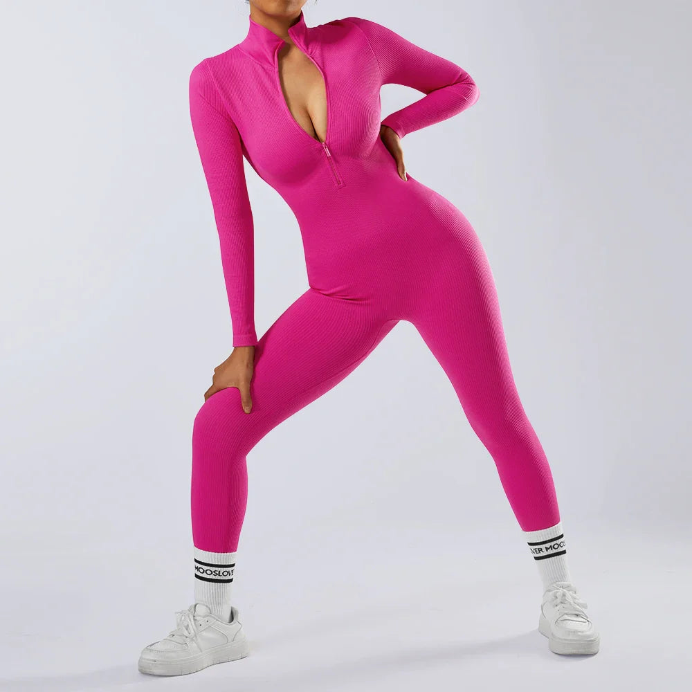 Women's Bodycon Jumpsuit Casual Fitness Rompers with Zipper Slim Fit Bodysuit Streetwear Activewear for Autumn and Winter