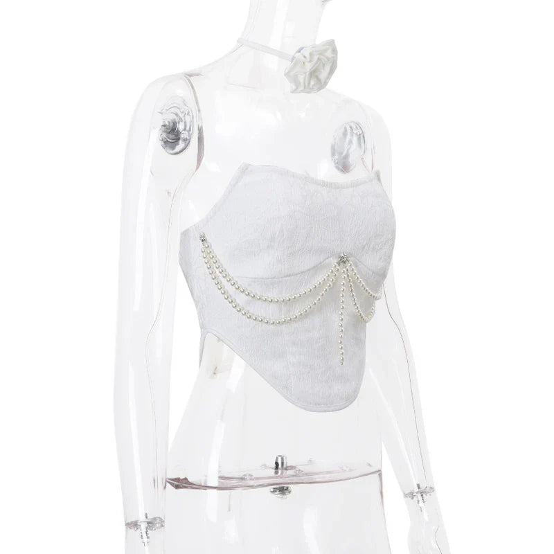 Solid Pearl Embellished Two Piece Set Sleeveless Floral Slim Fit Vest with Pleated Mini Skirt Summer Women's Fashion Ensemble