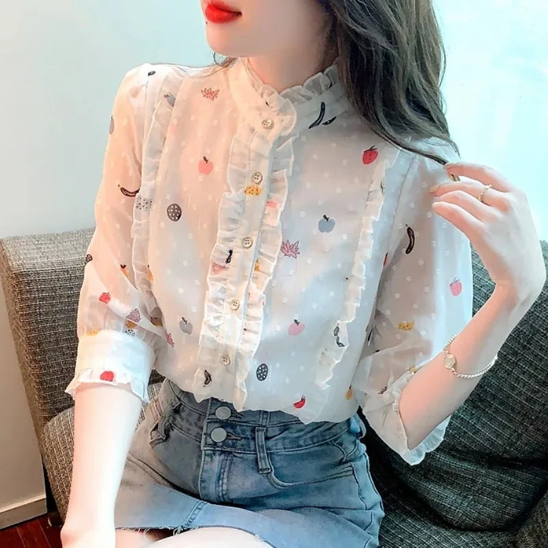 Women's Sweet Floral Print Chiffon Blouse with Edible Tree Fungus Collar, Half Sleeve Lightweight Summer Top, Casual and Comfortable White Shirt