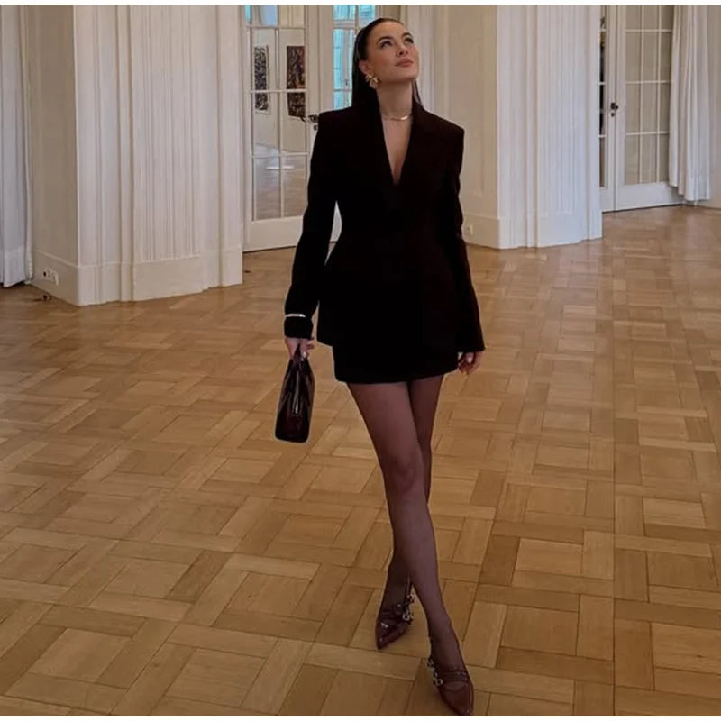 Elegant Women Blazer and Mini Skirt Set with Shoulder Pads Cinched Waist Suit Jacket and A-line Skirt Two-Piece Office Outfit