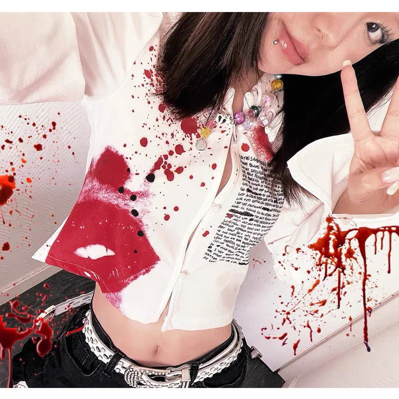 Y2K Slim Fit Long Sleeve Printed Crop Top for Women Stylish Button Front Short Blouse Party Shirt