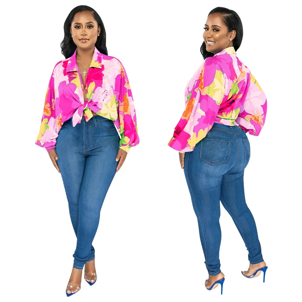 Women's Printed V-Neck Ramie Shirt Loose Bat-Sleeve Summer Top with Belly Cover Age-Reducing Design