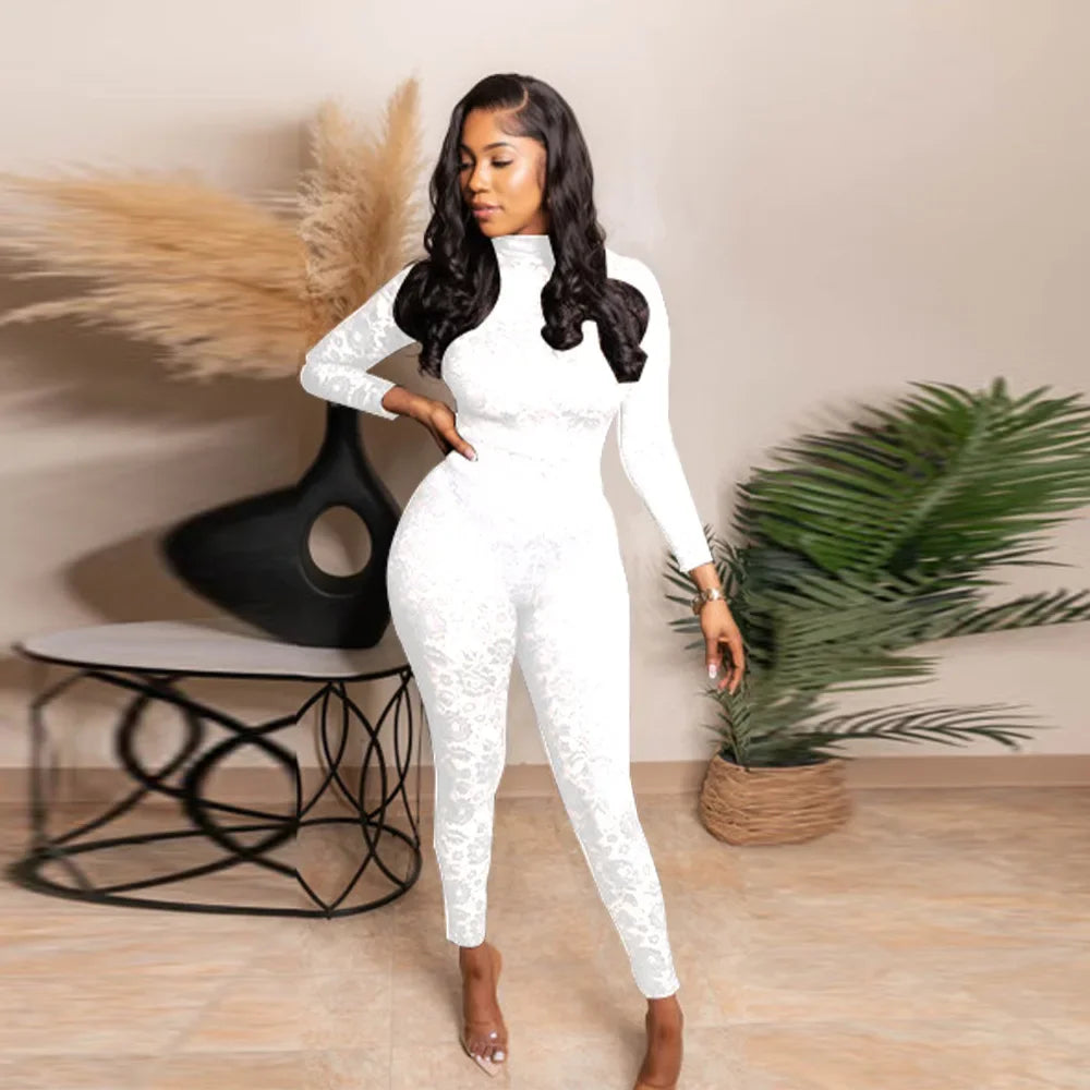 Sexy Sheer Floral Lace Jumpsuit with Overlay Skirt Stretchy Skinny One Piece Romper for Nightclub Party Women Clubwear