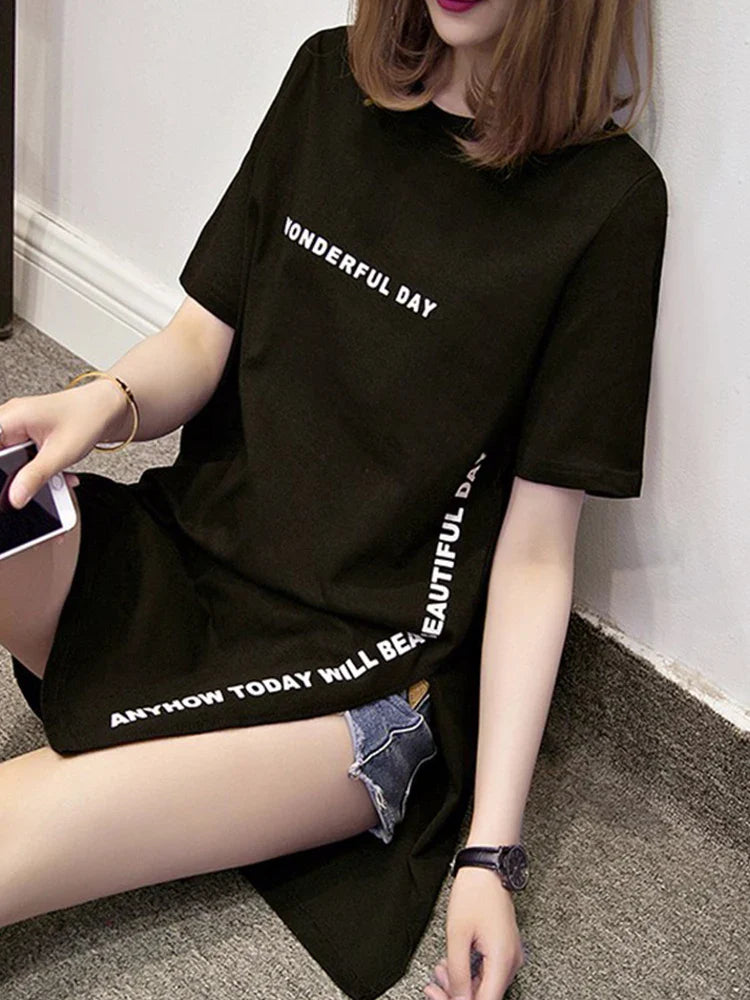 Summer Women Loose Fit T Shirt with Slit - Stylish Short Sleeve Top for Casual Wear