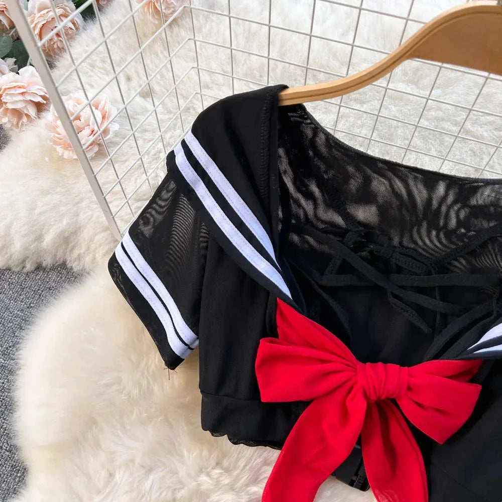 Sweet Sailor Style Sheer Lingerie Set for Women with Short Sleeve Bow Tie Top and Pleated Mini Skirt