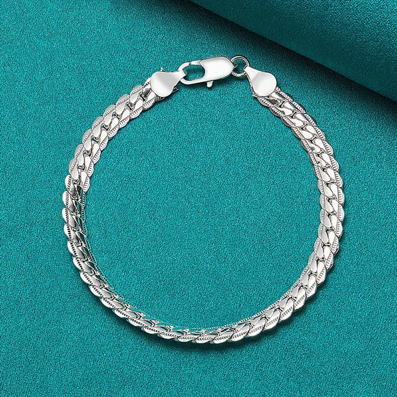 925 Silver Flat Side Chain Bracelet with Lobster Clasp for Women and Men, Adjustable 6mm Jewelry Gift for Weddings and Engagements