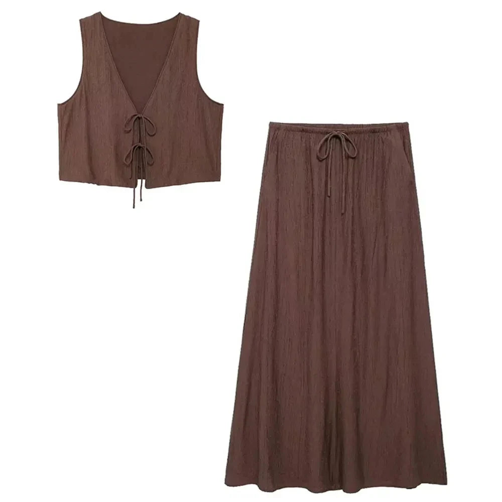 Summer Women's Elegant Solid Color Skirt Set Casual V-neck Bow Lace-Up Sleeveless Crop Vest Top with Loose Drawstring Midi Skirt