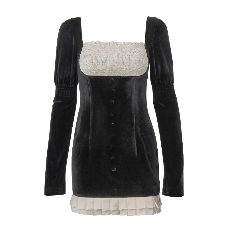 French Retro Patchwork Square Neck Dress For Evening Party