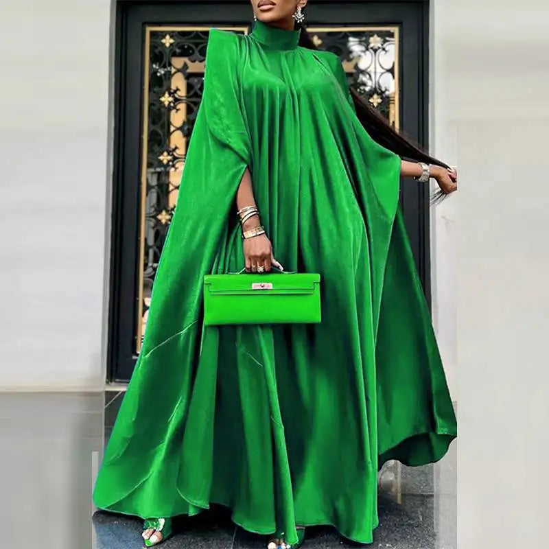 Satin Pleated Evening Dress With Stand Collar Long Sleeve