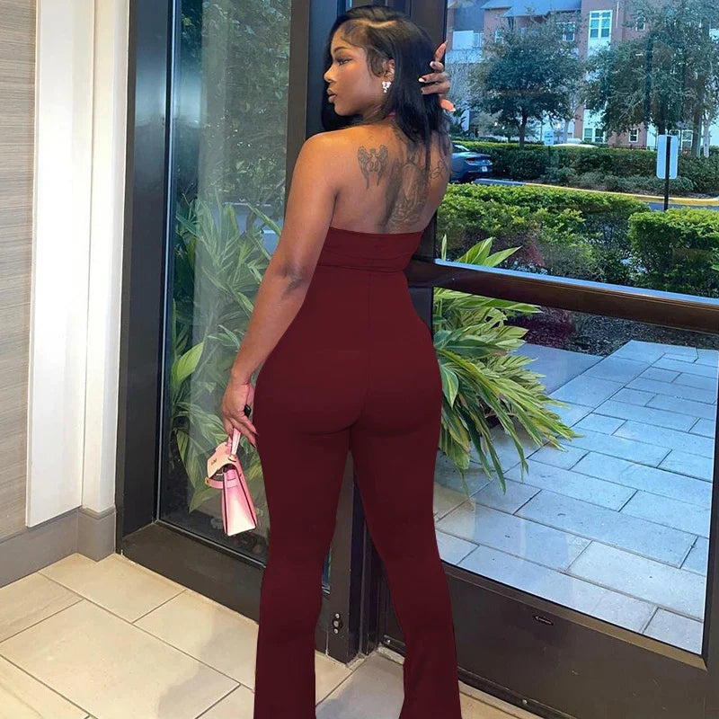 Sleeveless Halter Backless Bodycon Jumpsuit with Flare Pants Casual Rompers for Women Streetwear Festival Outfit