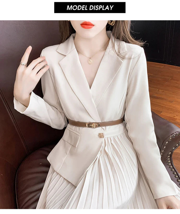 Faux Two Piece Dress With Blazer Collar Pleated Skirt