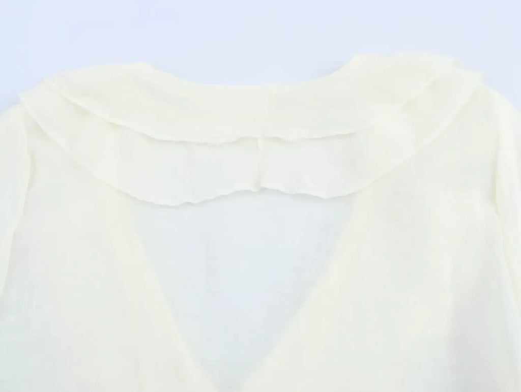 Women's Fashion V-Neck Puffy Long Sleeve Shirt with Layered Decoration and Elegant Temperament